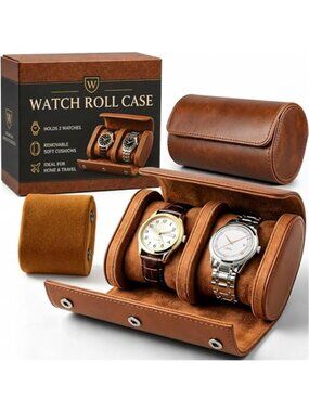 Watch Travel Case for Men: Watch Roll Box 2-Slot with Removable Pillows